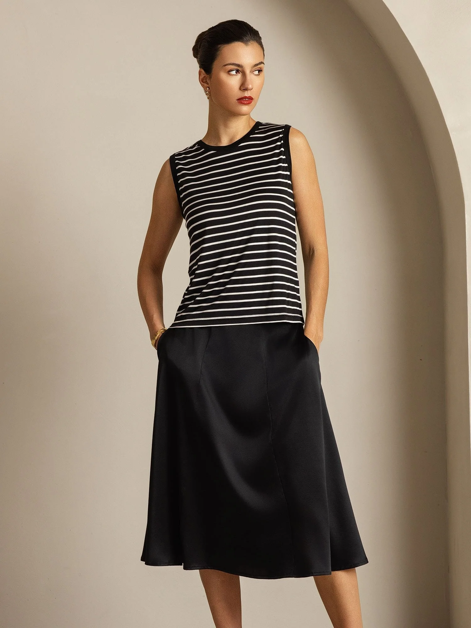 Dames Puur Zijde Rond Hals Sport Streep Tanktop - Image 14