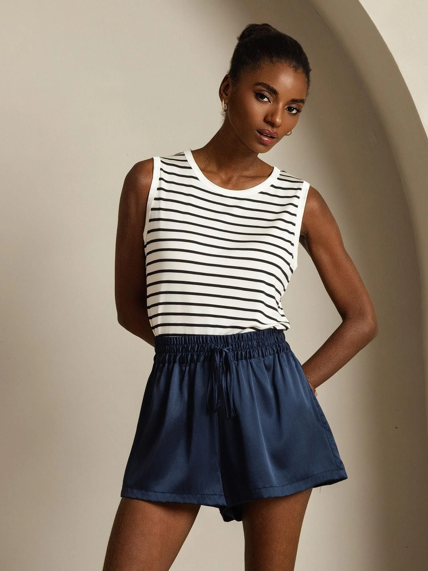 Dames Puur Zijde Rond Hals Sport Streep Tanktop - Image 7