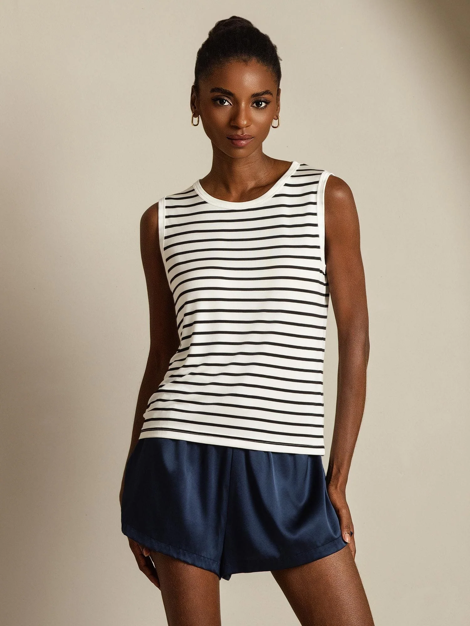 Dames Puur Zijde Rond Hals Sport Streep Tanktop - Image 8