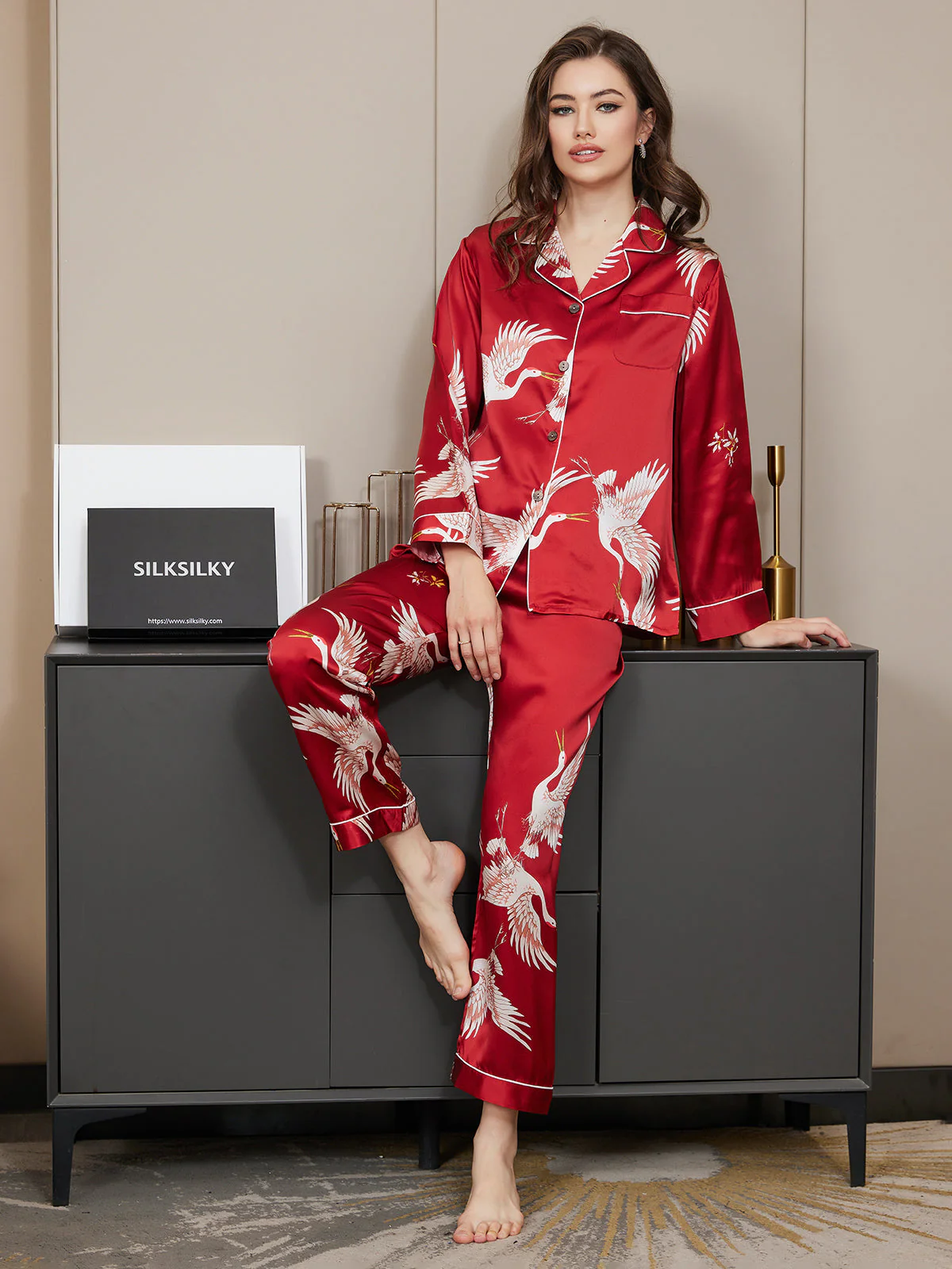19Momme Pyjamaset Van Pure Zijde Voor Dames Met Kraanvogelprint En Lange Mouwen Met Reverskraag - Image 17