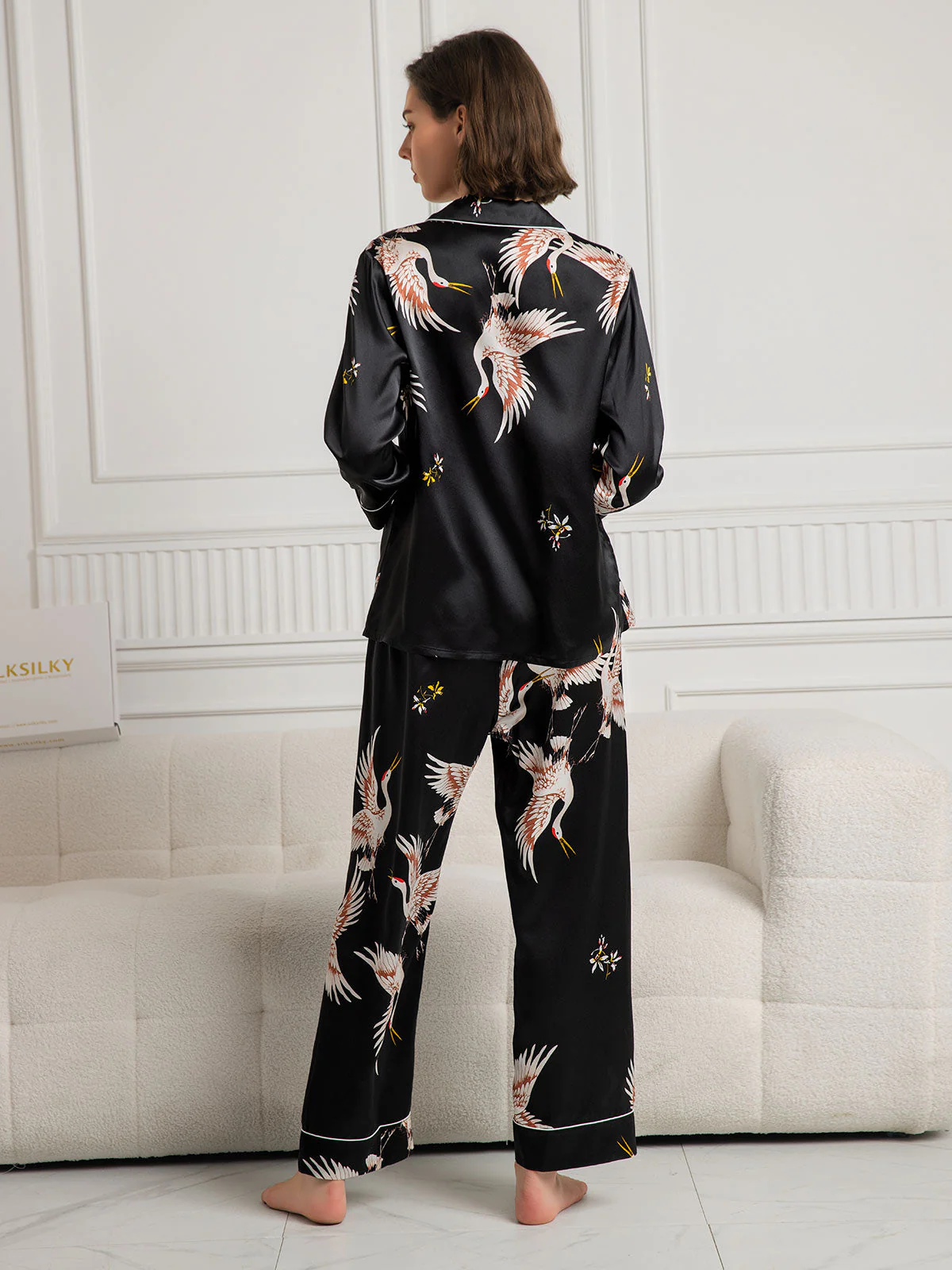 19Momme Pyjamaset Van Pure Zijde Voor Dames Met Kraanvogelprint En Lange Mouwen Met Reverskraag - Image 26