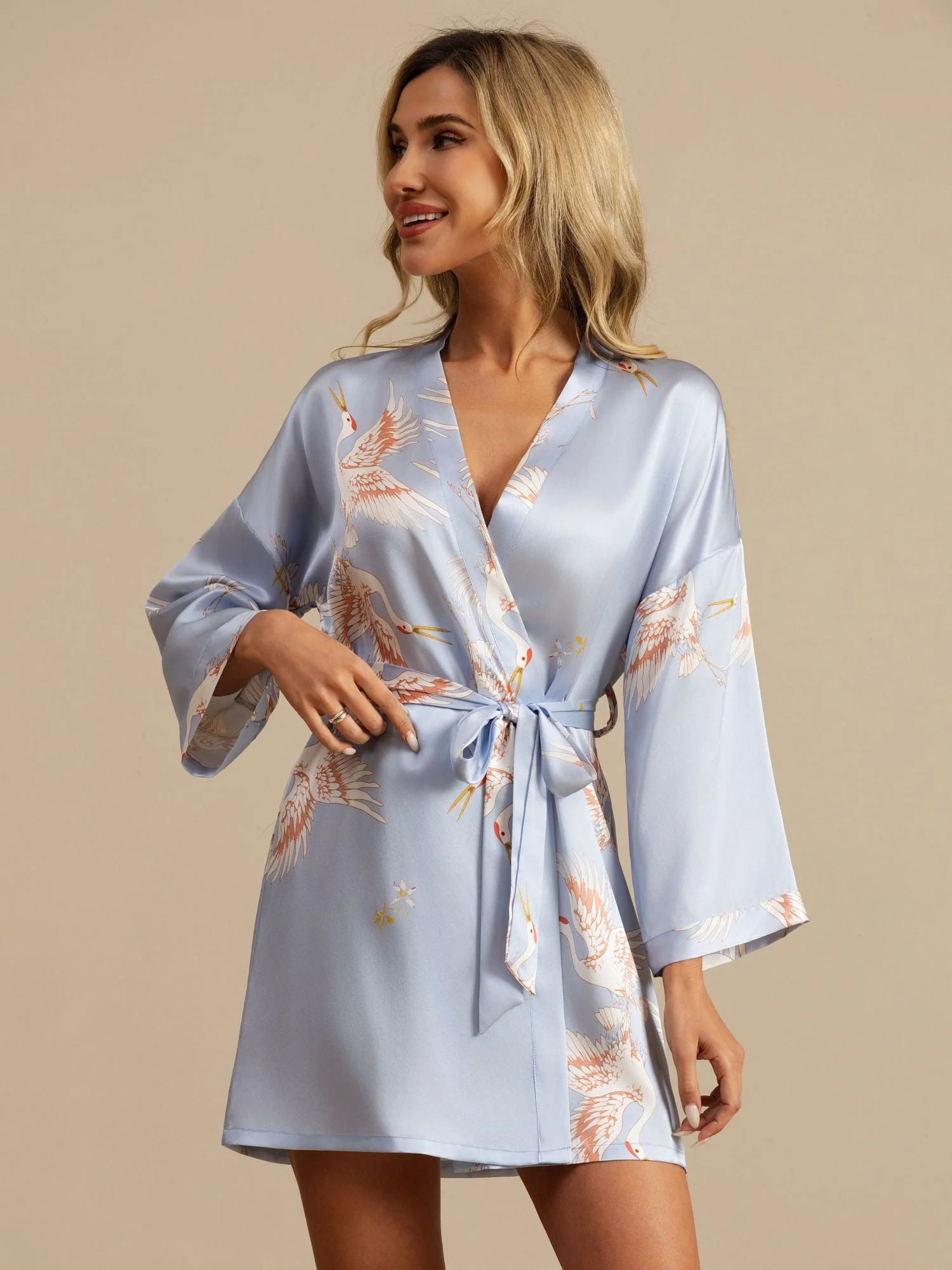 19Momme Dames Korte Kimono Robe Van Pure Zijde Met Kraanvogelprint En Wrap-Design 3/4 Mouwen - Image 26