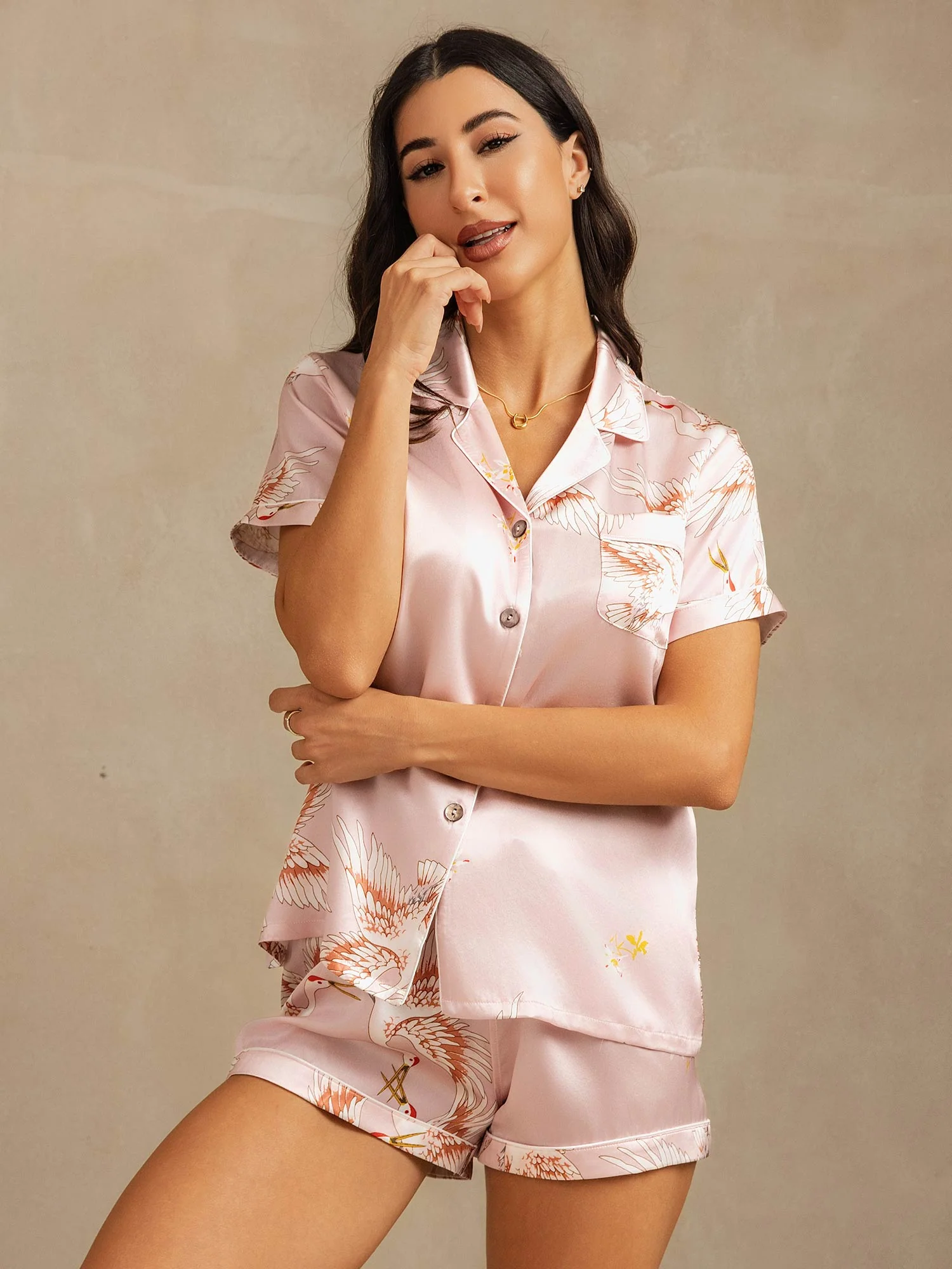 19Momme Dames Pure Zijde Korte Mouwen Notch Kraag Kraanvogel Print Pyjama Set - Image 3
